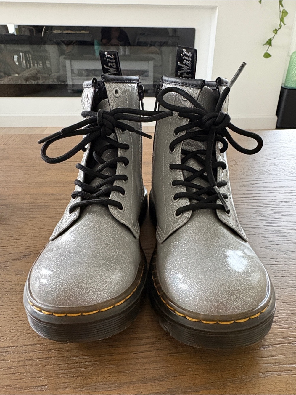 Dr. Martens Silver Glitter Lace-Up Combat Boots - Picture 2 of 4